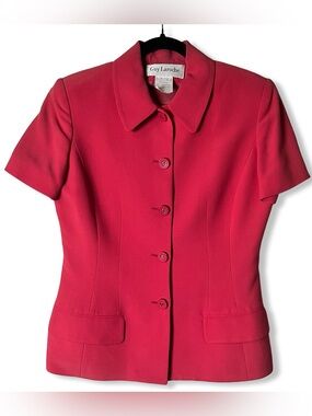Guy Laroche Vintage Pink Short Sleeve Blazer Jacket Gold Logo Buttons Sz 8